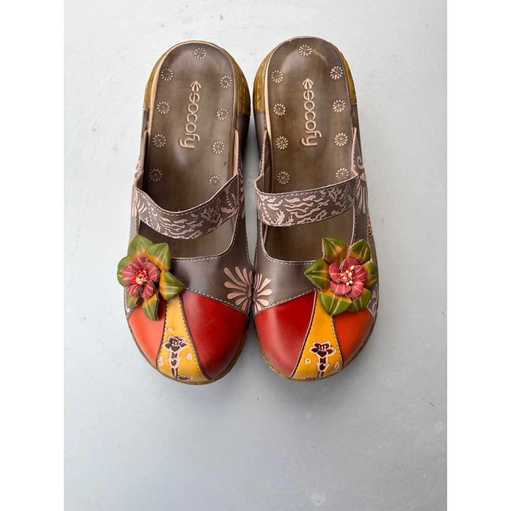 Socofy Leather Floral Patchwork Clogs Multi Color Boho Wedge Mules Slip On